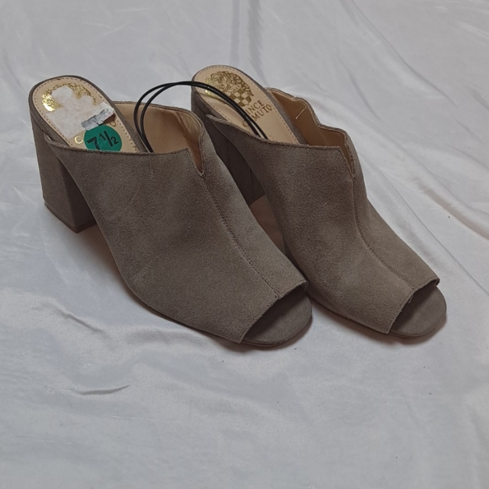 Vince Camuto Taupe Jesika Slip On Peep Toe Suede Block Heel Shoes